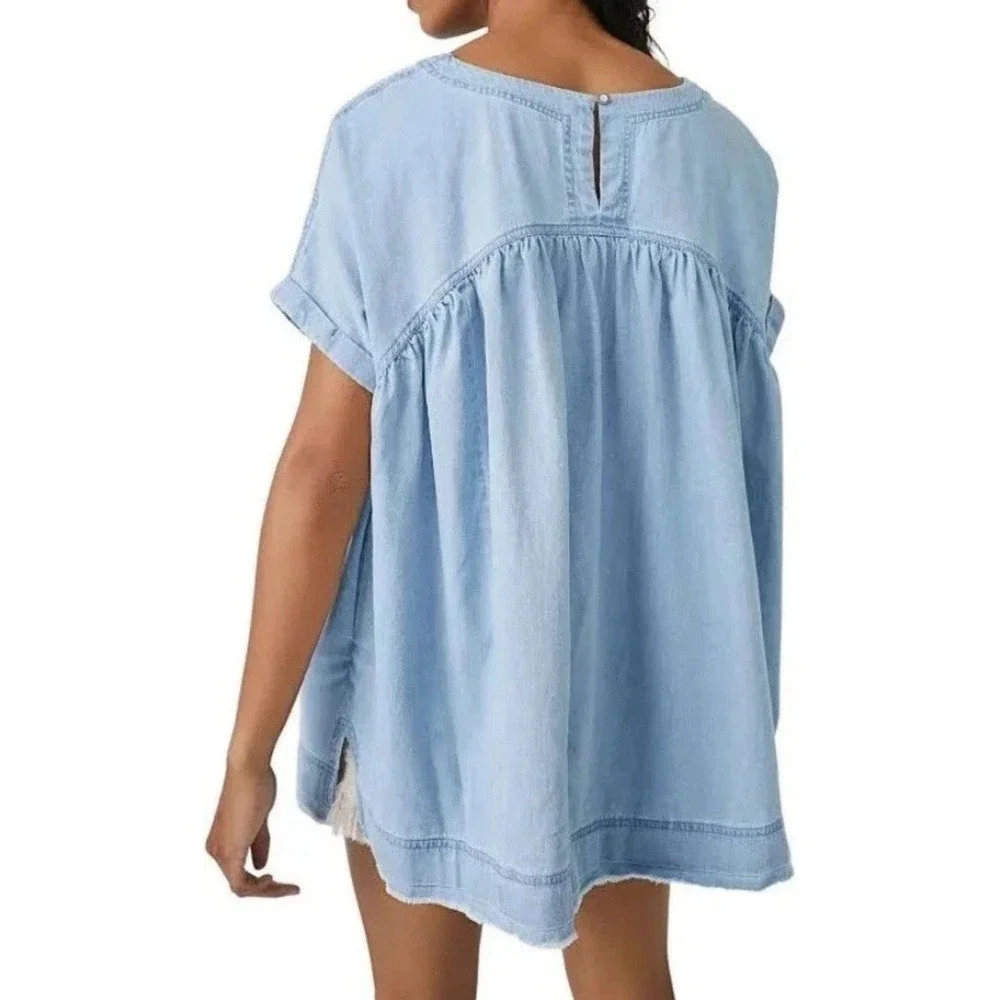 NWT FREE PEOPLE We The Free - Moon City Denim Oversized  Boho Top Women's Size S
